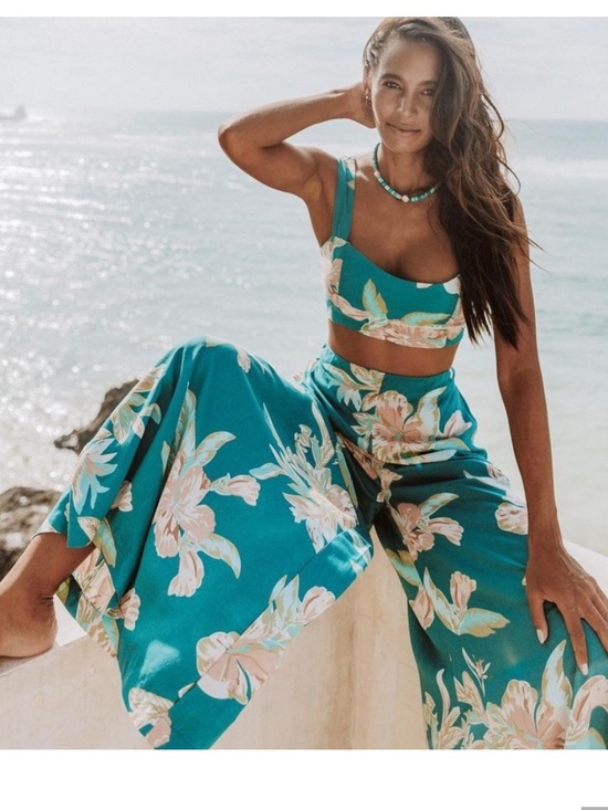 Le Salty Label Pants - Le Salty Label Maya Teal Floral Wide-Leg Pants